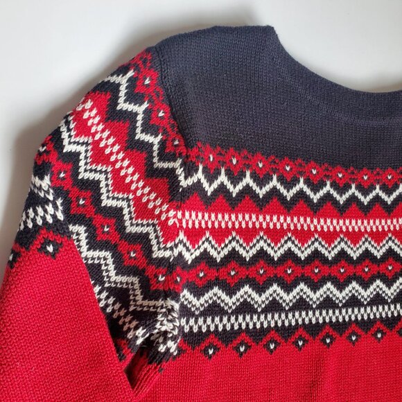 EDDIE BAUER 100% COTTON Womens Faire Isle Fisherman Sweater Red & Black Boxy - Picture 4 of 8